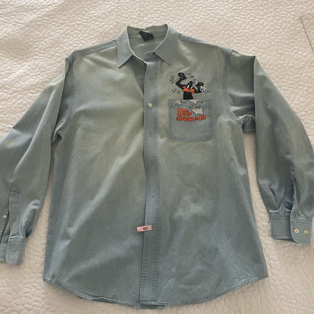 Warner brothers studio chambray shirt with embroidered Daffy Duck